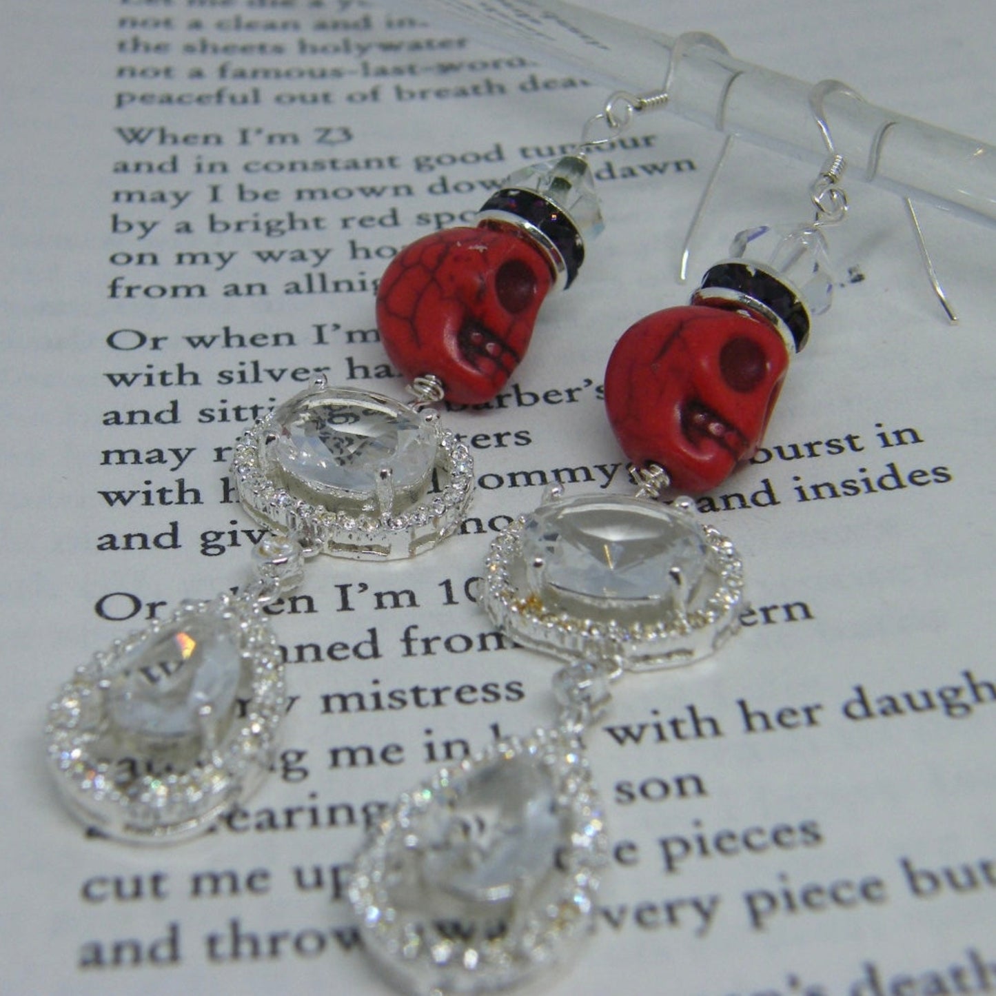 Red Skull and Crystal Drop Earrings