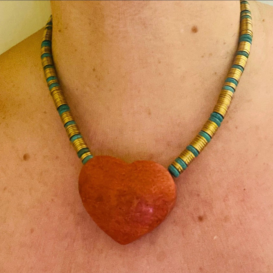 Coral Heart, Turquoise and Hematite Pendant Necklace