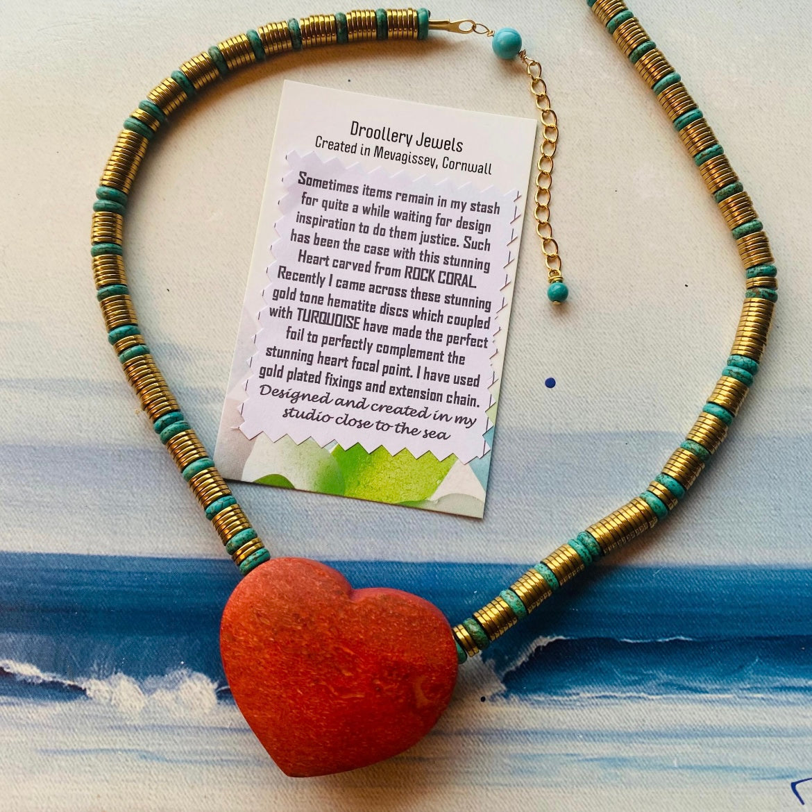 Coral Heart, Turquoise and Hematite Pendant Necklace