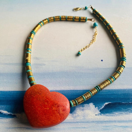 Coral Heart, Turquoise and Hematite Pendant Necklace