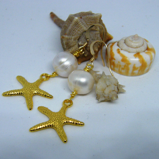 Gold Starfish Earrings with Pearls