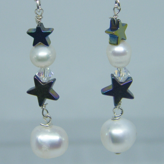 Moon & Stars Pearl & Hematite Earrings