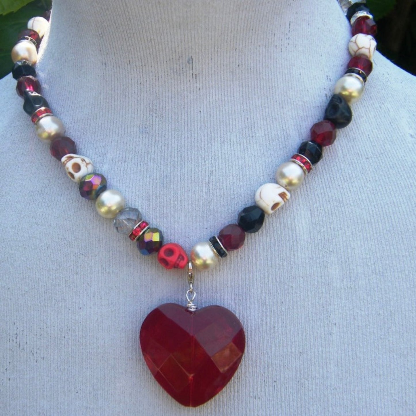 HEART, SKULL and VINTAGE Bead Pendant Necklace