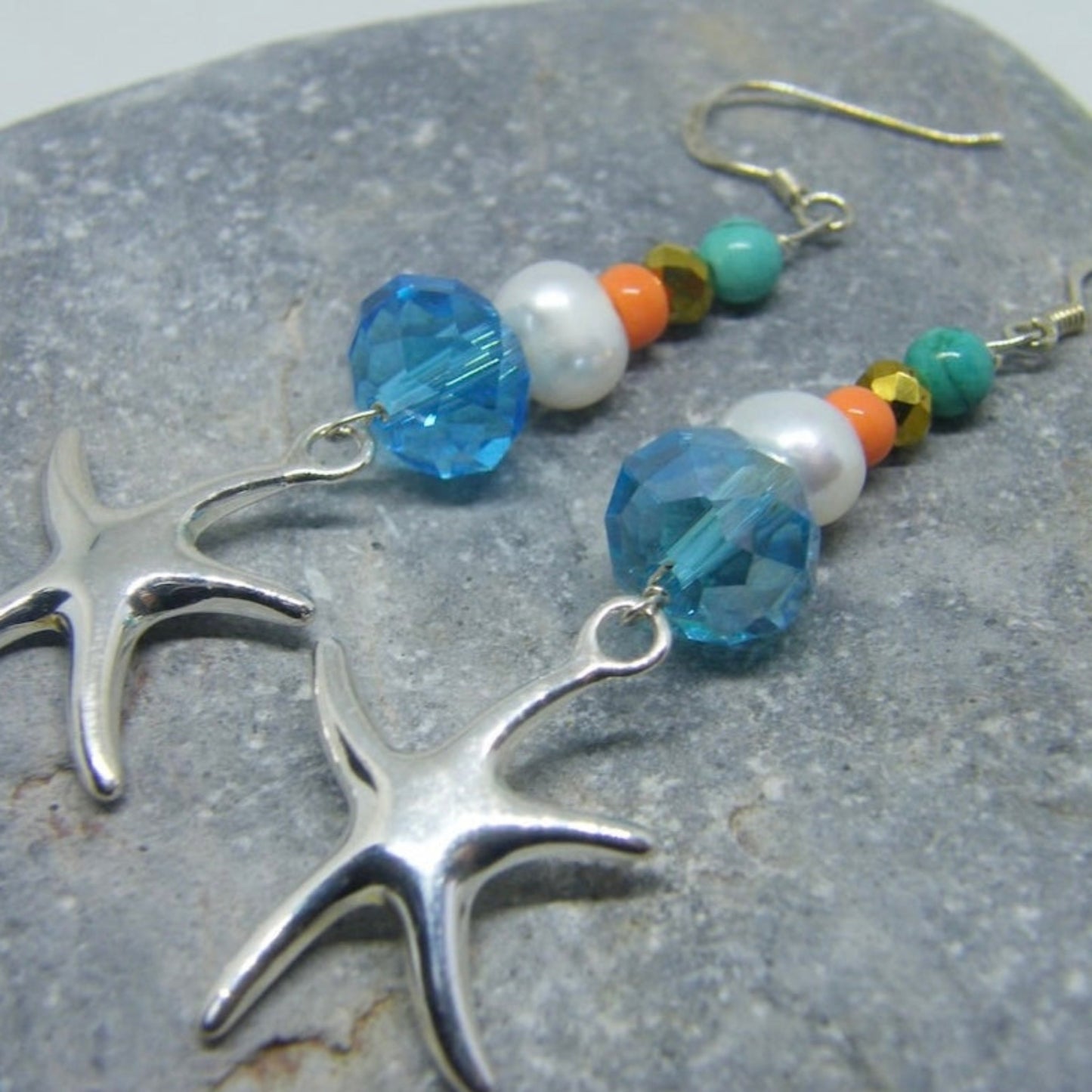 Starfish Earrings with TURQUOISE,  sterling SILVER  and Freshwater PEARLS