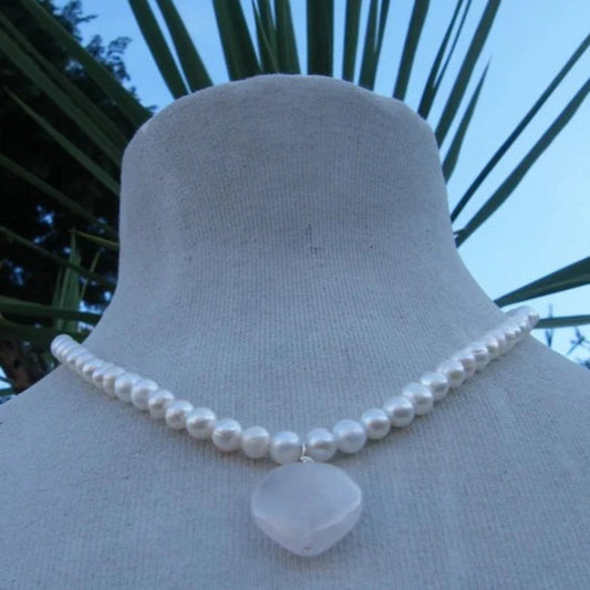 Freshwater PEARL with ROSE QUARTZ Heart Necklace